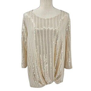 Clara Sun Woo Shimmer Sequin Twist Front Top Beige Gold Women's L Party Holiday